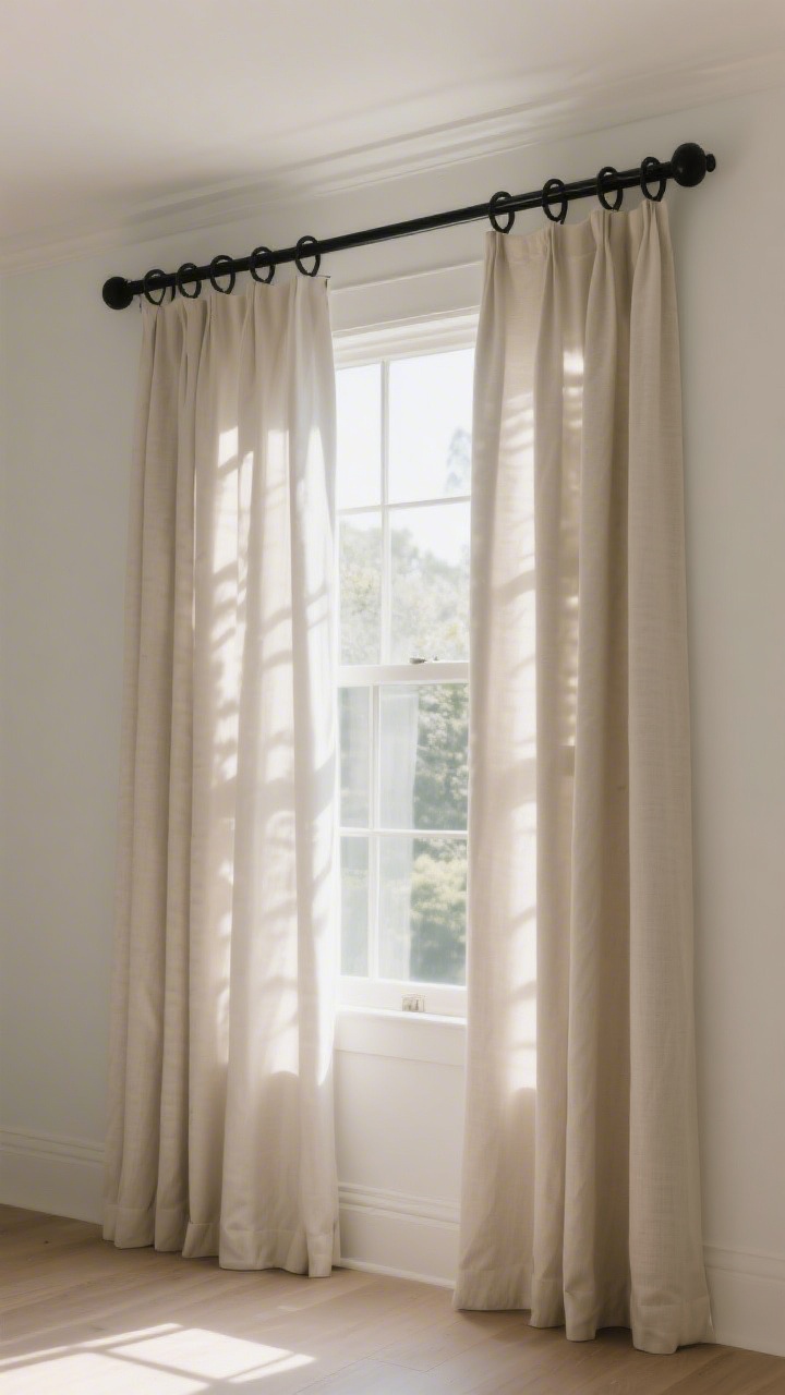 5–1 inch break. Matte black rod with clip rings for a tailored drape. Sunlit scene showing how hanging high and wide frames the window and maximizes light, no ankle-length hems.