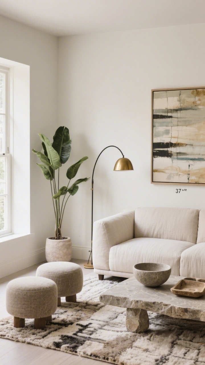 Corner-angle medium shot: A vignette demonstrating visual rhythm—artwork centered at approximately 57 inches on one wall, an arc floor lamp and a tall floor plant providing height variation, low ottomans and a shallow stone bowl adding low elements; mixed textures of linen sofa, brass lamp, stone tray, and wool rug create movement without clutter; soft daylight, photorealistic.