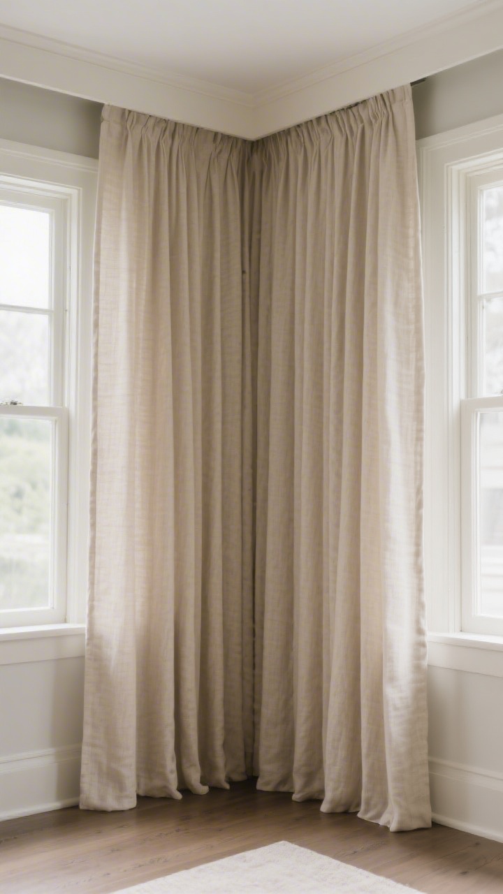Corner angle medium shot: Tall linen-blend curtain panels in soft oatmeal mounted 6 inches above the window trim and extending 10 inches beyond each side, “kissing” the floor with a subtle