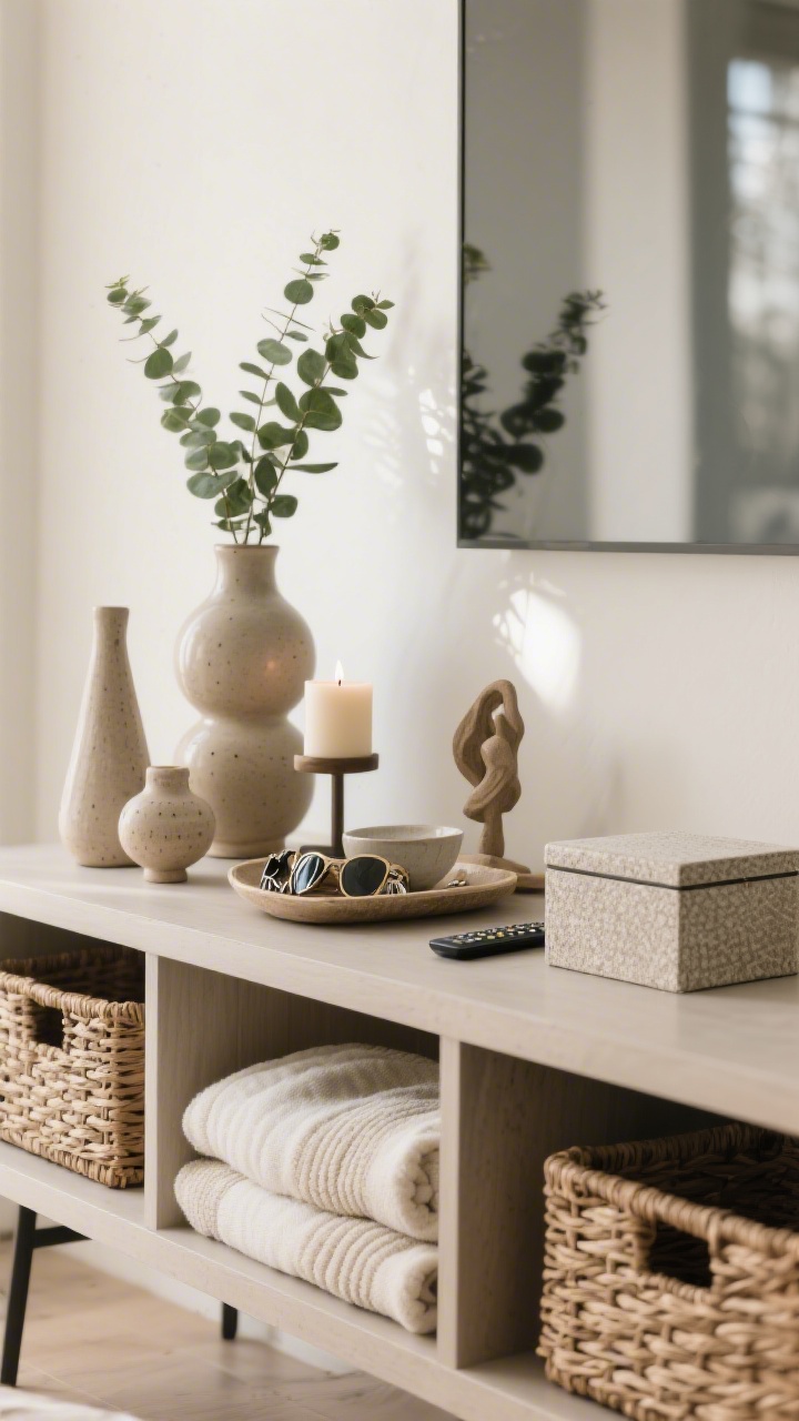 Detail closeup: A styled console surface with curated groups of three and five—varying heights: a ceramic vase with greenery, a candle, and a small sculpture on a textured tray; a shallow bowl corralling keys and sunglasses; a lidded box hiding remotes. In the lower shelf, woven baskets neatly containing blankets. Soft, diffused natural light, clutter-free negative space emphasizing calm and intention.
