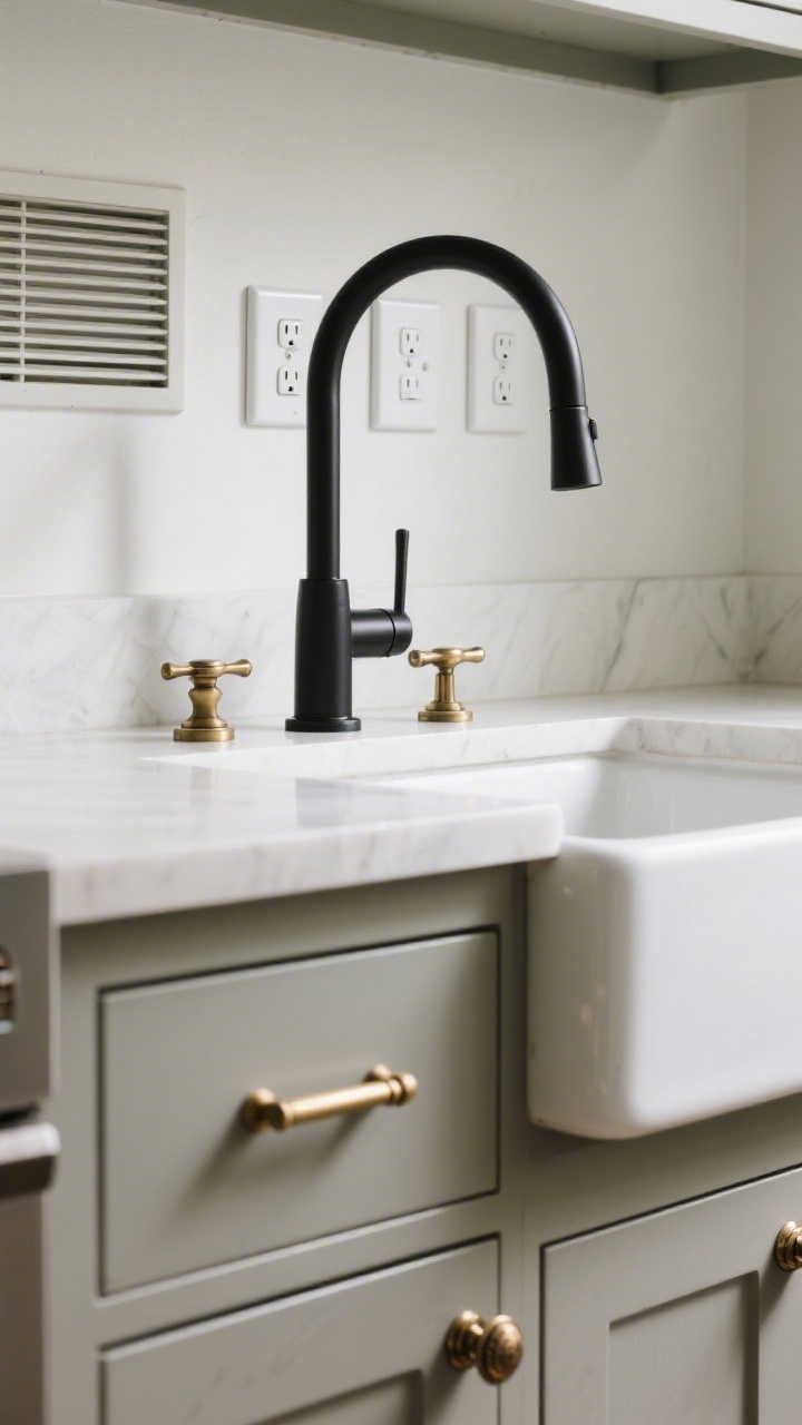 Detail closeup: Hands-free vignette of upgraded hardware and finishes—solid metal brass cabinet pulls and mixed knobs on a matte-painted kitchen drawer front, a weighty matte black faucet with clean lines over a white sink, crisp new white switch plates aligned on a painted wall, and a paintable vent cover blended into the baseboard color. Soft, directional light accentuating the metal sheen and quality feel.
