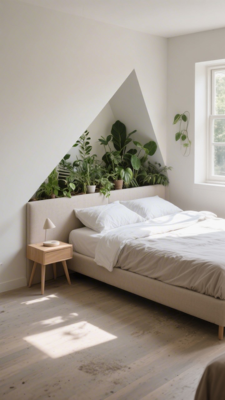 Diagonal corner angle wide shot: a compact bedroom with a full bed placed at a 45-degree angle from a corner toward the room center. Show plants filling the negative wedge of space behind the headboard and a small triangular nightstand aligned to the angle. Highlight awkward dead zones and reduced usable floor space. Natural daylight with subtle shadows, simple bedding, light neutral palette, photorealistic, slight dust-prone void suggested behind the headboard.