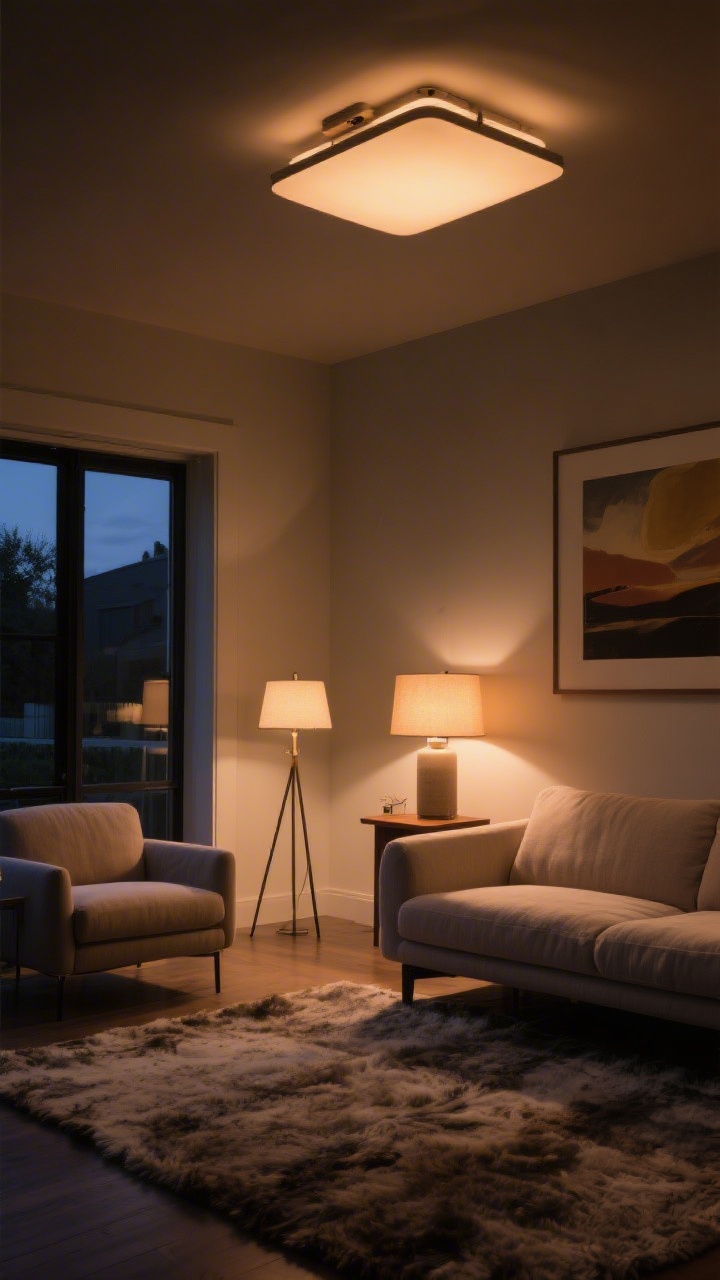 Evening interior, wide shot: Layered lighting transforms a tidy living room—one floor lamp, one table lamp, and a warm picture light above an artwork, all using 2700–3000K bulbs; an overhead fixture on a dimmer turned low to avoid harsh glare; the room feels deep and cozy with softened shadows on a linen sofa and wool rug; no people, photorealistic glow.