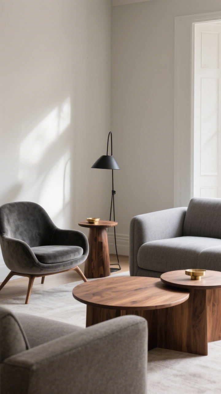 Medium shot: A curated living room corner mixing materials and silhouettes—soft gray fabric sofa, round wood coffee table, curved velvet accent chair, and a matte black metal floor lamp. Include a non-matching wood side table beside the sofa. Keep a tight color palette of warm neutrals, charcoal, and brass accents for cohesion. Natural daylight with gentle shadows, straight-on perspective to highlight “mix, don’t match.”