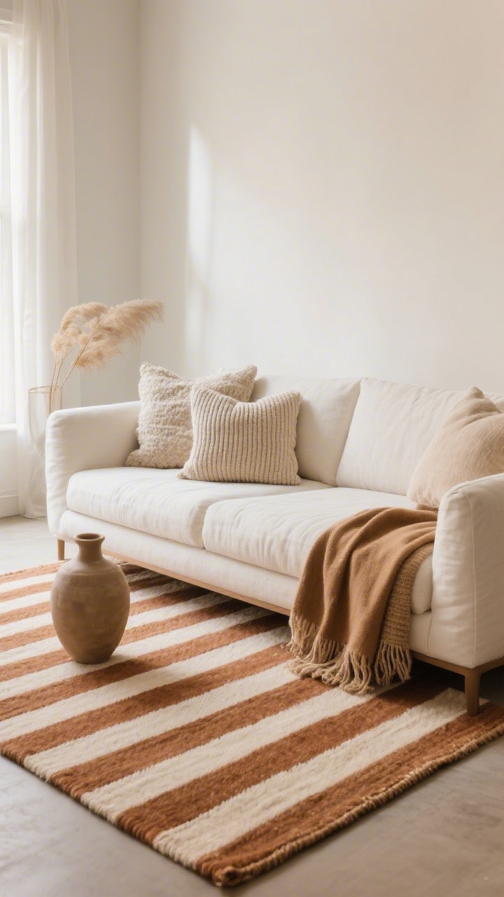 Medium shot: A curated seating area where a bold striped rug is the single hero pattern, paired with a solid linen sofa in warm white, mostly solid pillows in textured boucle and ribbed weaves, and a quiet camel throw; subtle jute and linen textures balance the pattern; cohesive 2–3 color palette with a single accent color repeated in a small vase; soft, diffused daylight to reduce visual noise, photorealistic.