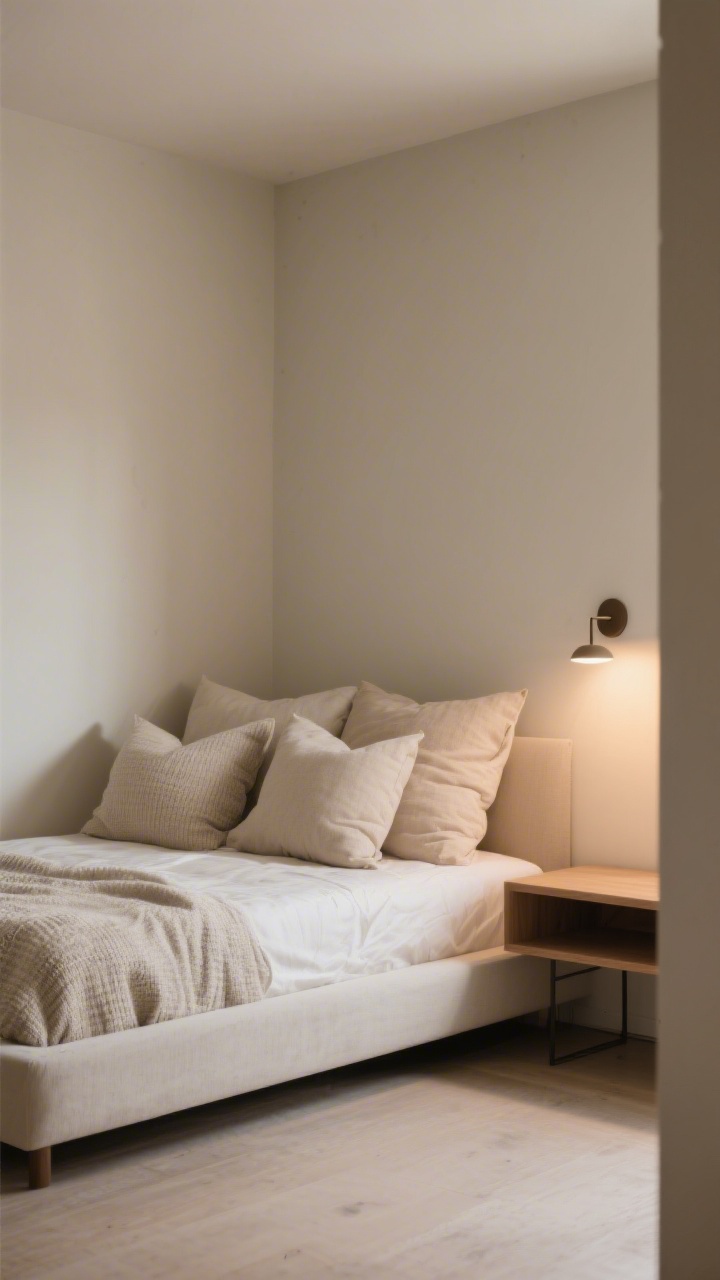 Medium shot from the room’s open corner: a platform bed with no footboard pushed tight into a corner (head and one side against walls). Overlapping pillows arranged in an L-shape layering into the corner to make it feel intentional. One nightstand on the open side and a wall-mounted sconce on the corner side. Cozy, nook-like mood with soft, warm ambient light, textured bedding in light neutrals, corner perspective to highlight the larger open floor area on one side, photorealistic.