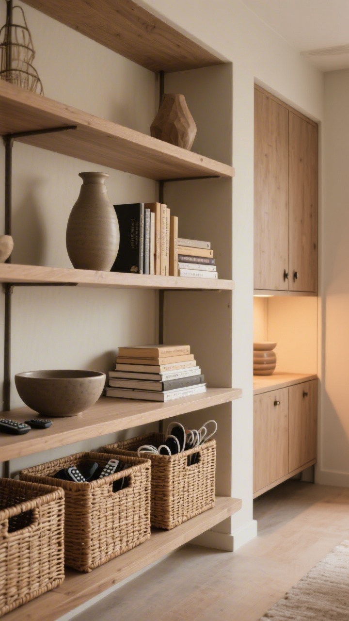 Medium shot: Open shelving unit styled with intentional curation—closed baskets and bins at lower levels for remotes and cords, upper shelves arranged in visual thirds with a tall ceramic vase (vertical), a horizontal stack of books, and a sculptural bowl; books subtly grouped by spine tone; a neighboring cabinet with doors for hidden storage; warm ambient light highlights textures in rattan, matte ceramic, and wood, photorealistic.