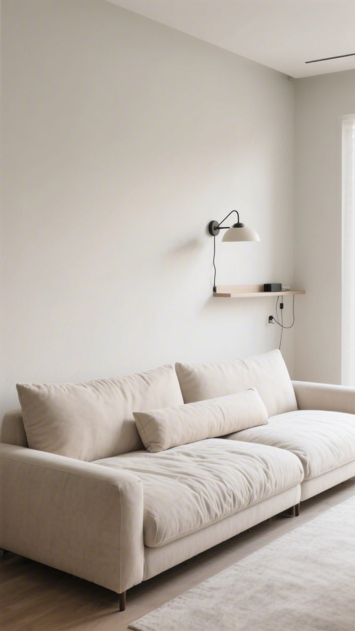 Medium shot, sofa-like composition: a Twin XL rotated lengthwise against a wall, styled as a daybed with a tailored coverlet, big back pillows, and a long bolster. A wall-mounted swing-arm sconce above, and a narrow console tucked behind for hidden charging. Airy, multi-use vibe suitable for WFH; emphasize the lounge mood and the shortened perceived length of the wall. Soft daylight, clean lines, calm neutrals, photorealistic.