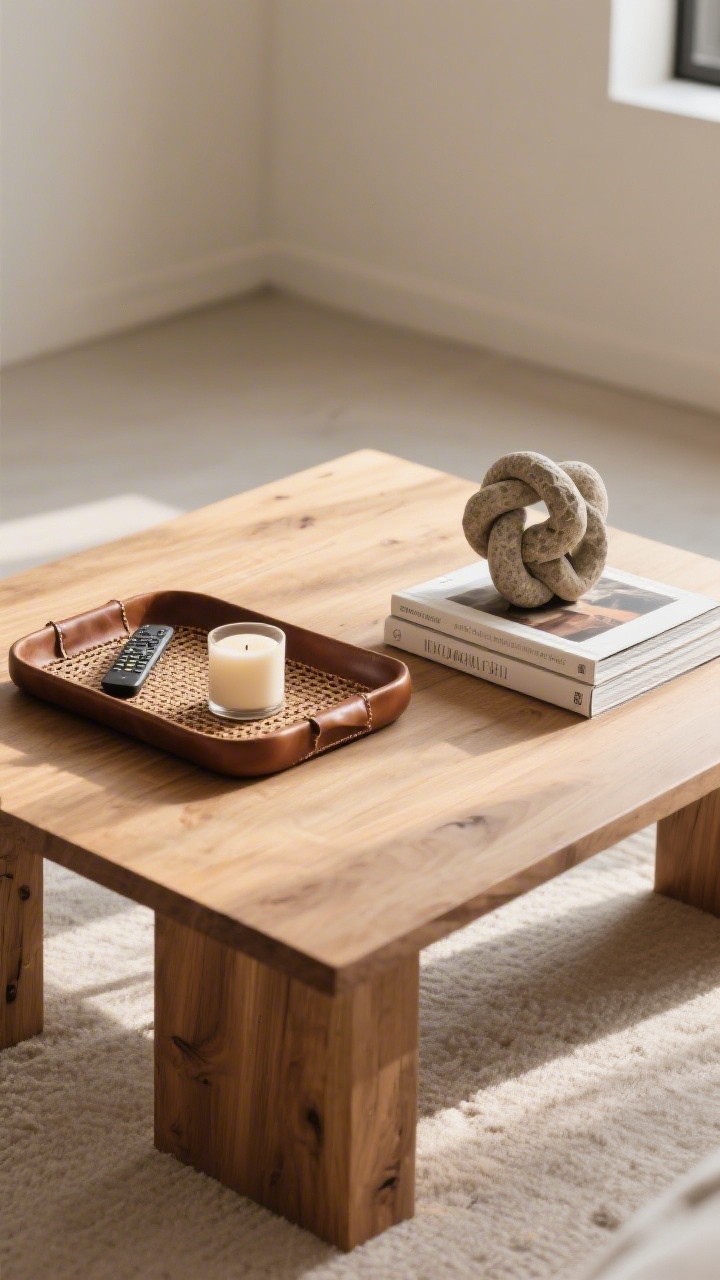 Overhead detail shot: A coffee table styled with restraint—one leather or rattan tray corralling a candle and remote, one neat stack of art books, and one single sculptural object (stone knot) placed with breathing room on a natural wood surface; the surrounding area is intentionally empty to emphasize negative space; warm afternoon light, photorealistic.
