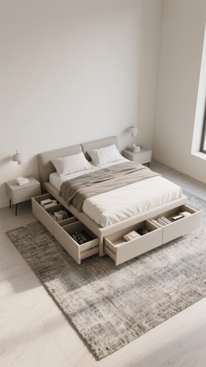 Overhead detail shot: storage-first setup showing a platform bed with four deep drawers partially open (organized contents visible), floating nightstands mounted at mattress height, and a large area rug extending at least 24 inches on the open sides. Emphasize solid-faced, visually heavy surfaces versus the exposed floor from floating pieces. Neutral, minimalist palette with subtle texture contrast, crisp natural light, photorealistic.