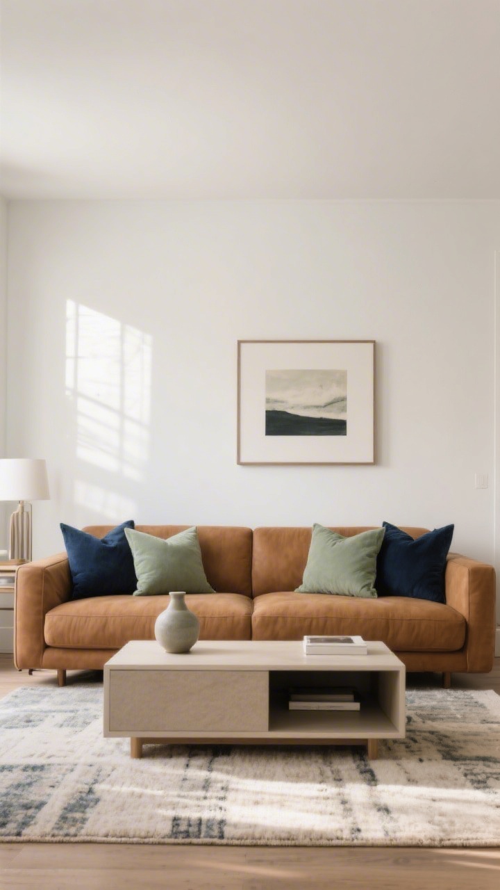 Straight-on medium shot: A living room composition with a tight color palette—two main neutrals (warm white walls and camel sofa) plus two accents (muted sage and deep navy) repeated three times across pillows, a small vase, and artwork; largest pieces (sofa, rug, media console) remain neutral to allow seasonal swaps; balanced, calm mood under natural light, photorealistic.
