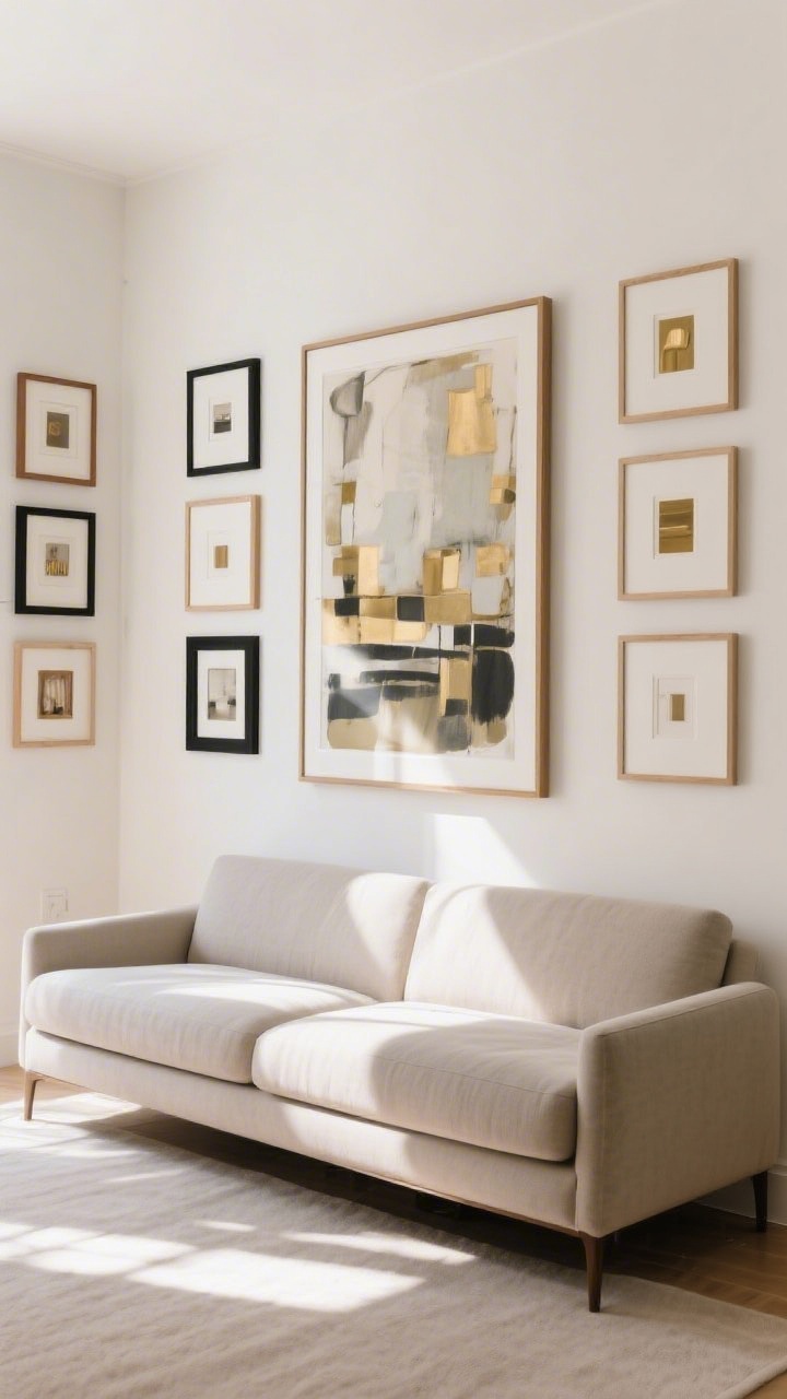 Straight-on medium shot: A sofa with a large framed artwork above it sized at roughly two-thirds the sofa width, hung 6–8 inches above the back. Centerline of the art at 58 inches from the floor. On an adjacent wall, a balanced gallery grid with consistent 2–3 inch spacing; frames mixed in black, wood, and brass, but unified with matching white mats. Clean, bright daylight to emphasize scale and placement.