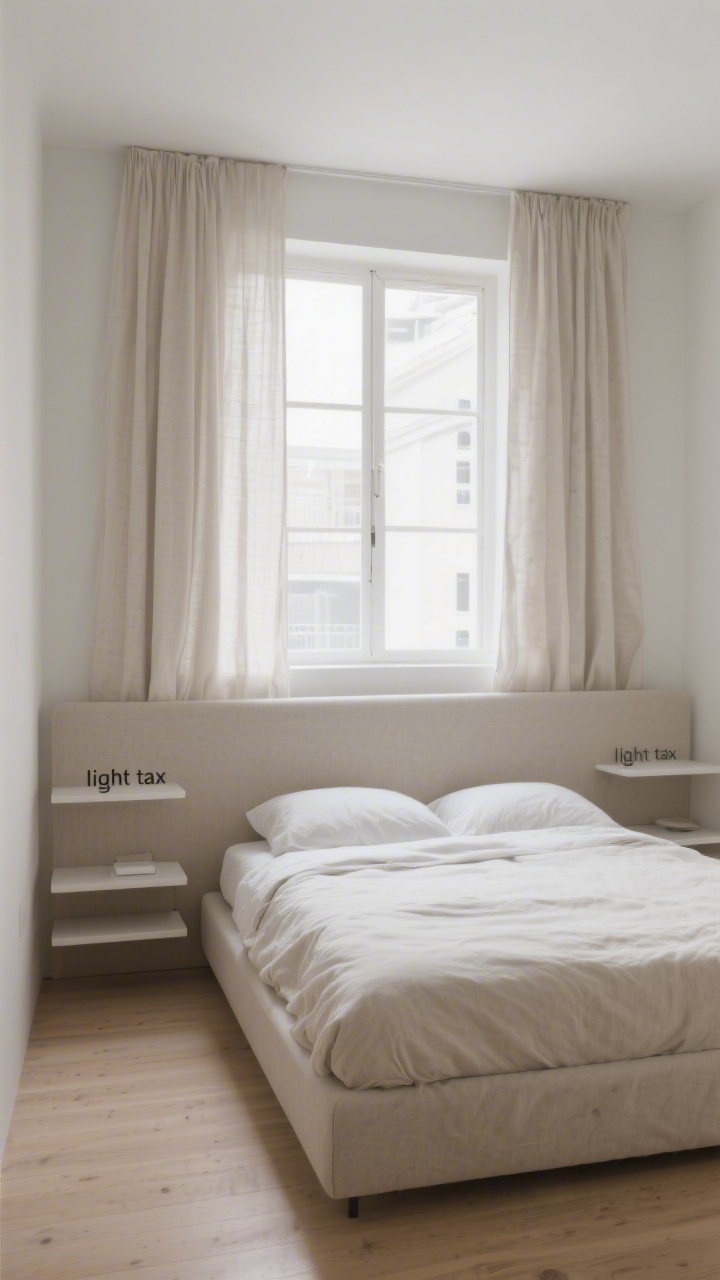 Straight-on medium-wide shot: a small bedroom with a low-profile headboard positioned directly under a standard window, simple linen curtains hung high and wide, soft natural light partially blocked by the headboard. Two minimalist floating shelves serve as nightstands to save floor space. Emphasize stacked horizontal lines and the slight “light tax” feel. Neutral linen textures, pale walls, light wood floor, clean styling; photorealistic.
