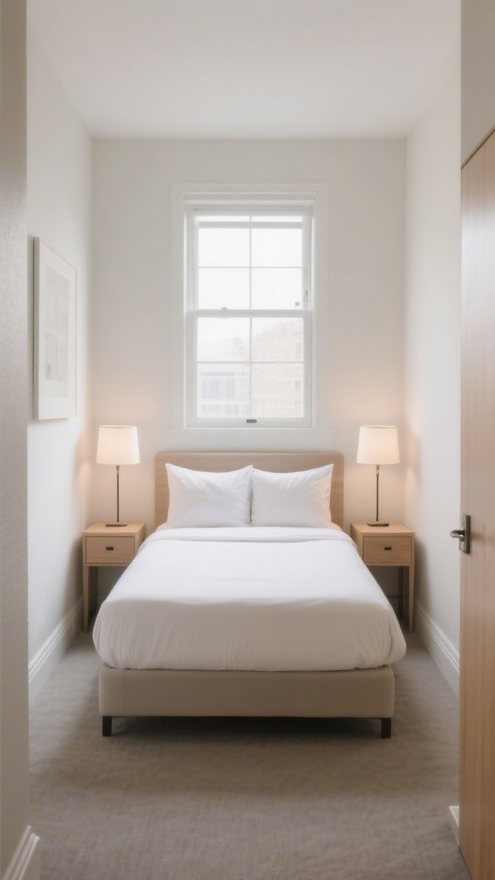 Wide room shot: a tiny bedroom with a queen bed perfectly centered under a window, two matching narrow nightstands (14–16 inches wide) flanking the bed like bookends, identical table lamps creating vertical lines, light bedding and minimal decor. Show tight circulation gaps on both sides, the room reading symmetrical yet claustrophobic. Natural daylight filtered through the window, straight-on view to emphasize the “hotel” symmetry and the cramped feel, neutral palette with soft whites and light woods, photorealistic.