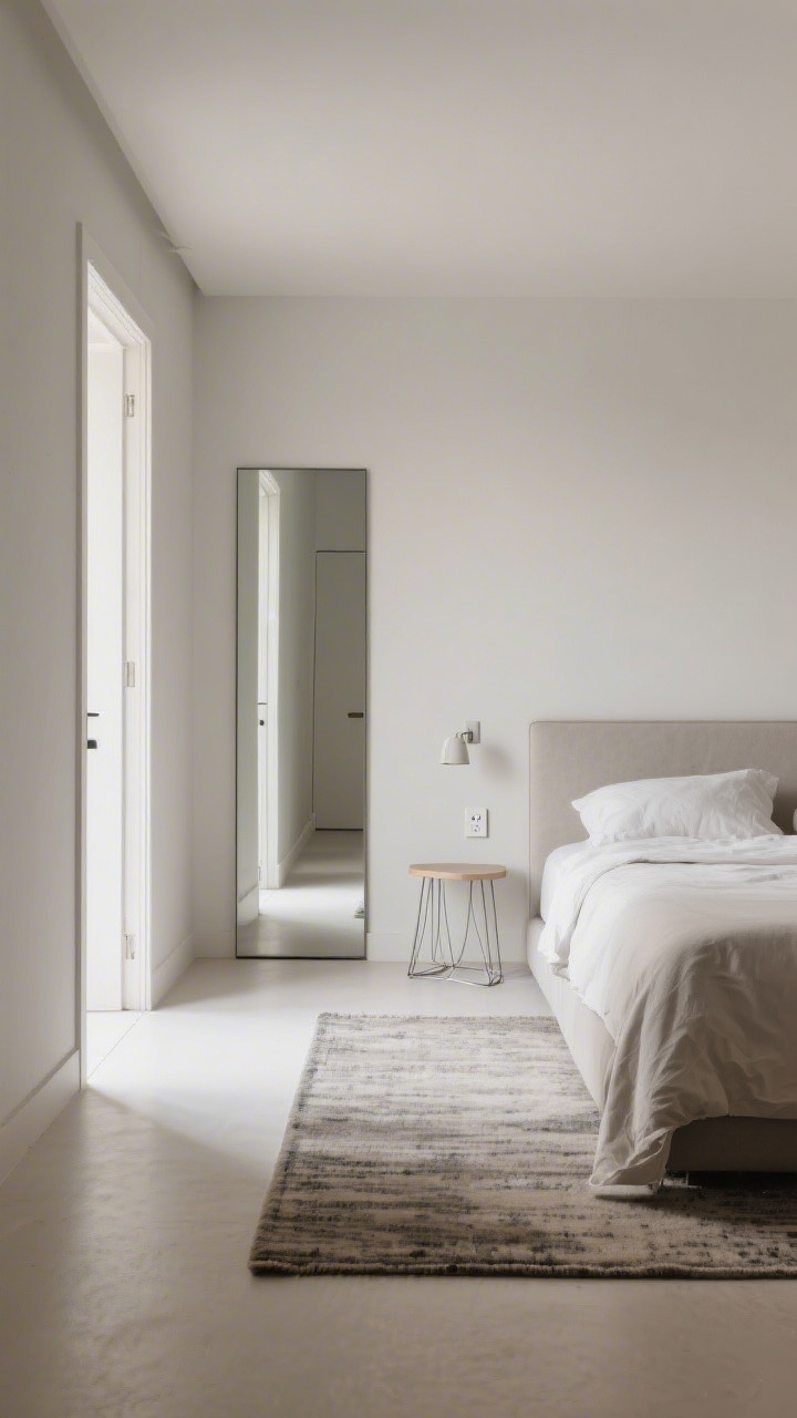 Wide room shot from the doorway: off-center bed along the long wall with a low-profile headboard, no footboard; one airy, open-base or wire-frame nightstand on the wider side; a plug-in sconce mounted above the tight side. Opposite the foot, a tall, narrow wardrobe on legs with a mirrored door, slightly offset to keep a sightline. A large rug slides two-thirds under the bed and extends into one generous circulation lane. Cohesive, low-contrast tones across walls, rug, and bedding; soft daylight bouncing in the mirror; vertical balance and spacious feel; photorealistic.