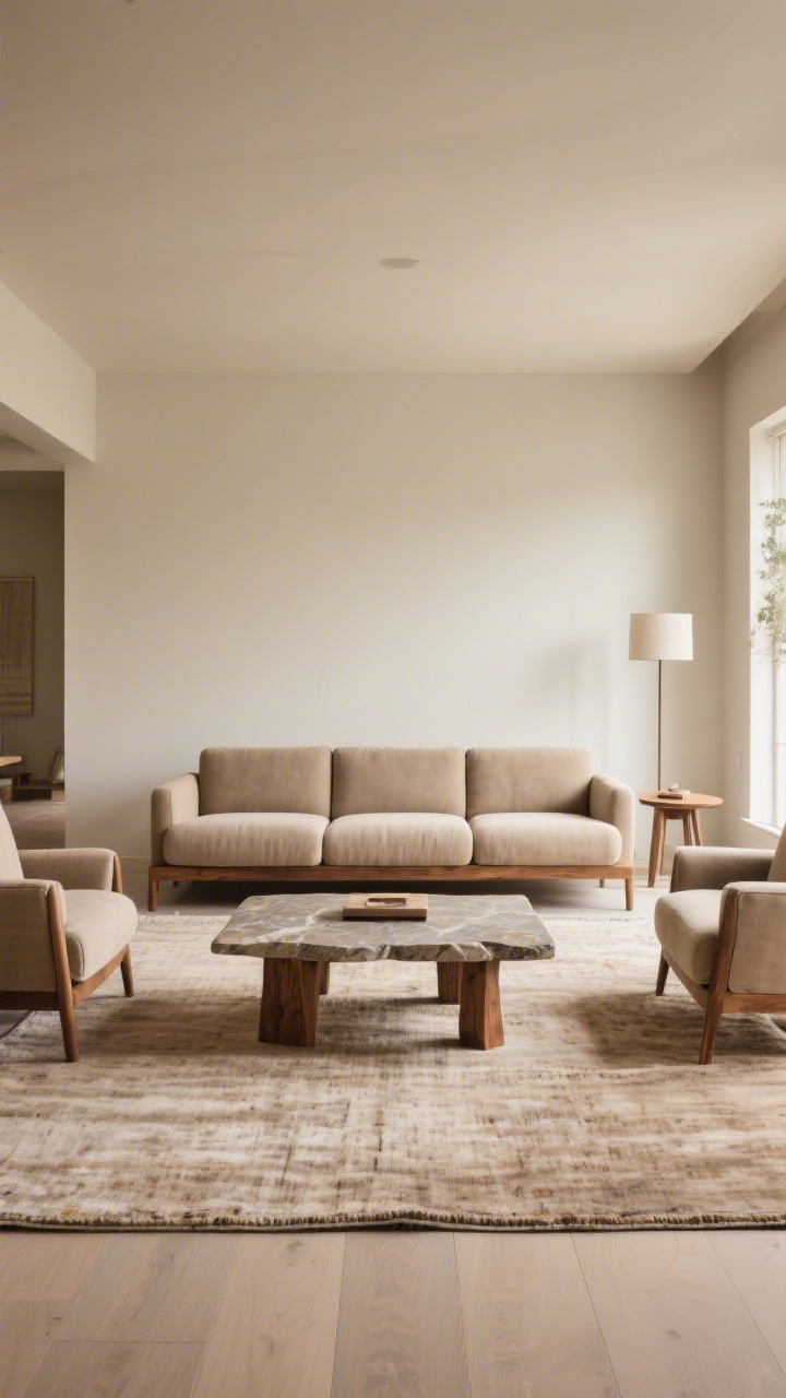 Wide shot: A balanced furniture layout showing correct scale and proportion—an ample rug with the front legs of the sofa and armchairs resting on it, a low, chunky sofa paired with a weightier wood-and-stone coffee table, and a properly scaled side table; clear negative space with approximately 18 inches between sofa and coffee table and 30–36-inch walkways; straight-on view emphasizing harmonious proportions in warm, neutral tones; natural light, photorealistic.