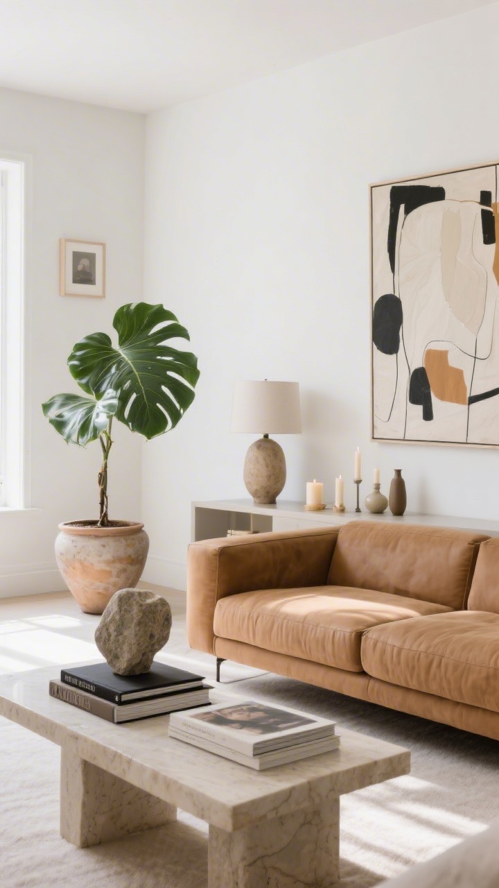 Wide shot: A clean, modern living room with warm white walls and a camel-toned sofa anchored by one oversized abstract artwork above it, a chunky sculptural table lamp on a substantial console, and a single generous fiddle-leaf fig in a large ceramic planter; the coffee table features a hefty stack of two large art books with one sculptural stone object on top, styled minimally to contrast with previously removed tiny frames, petite vases, and scattered candles; soft afternoon natural light creates calm, photorealistic clarity.