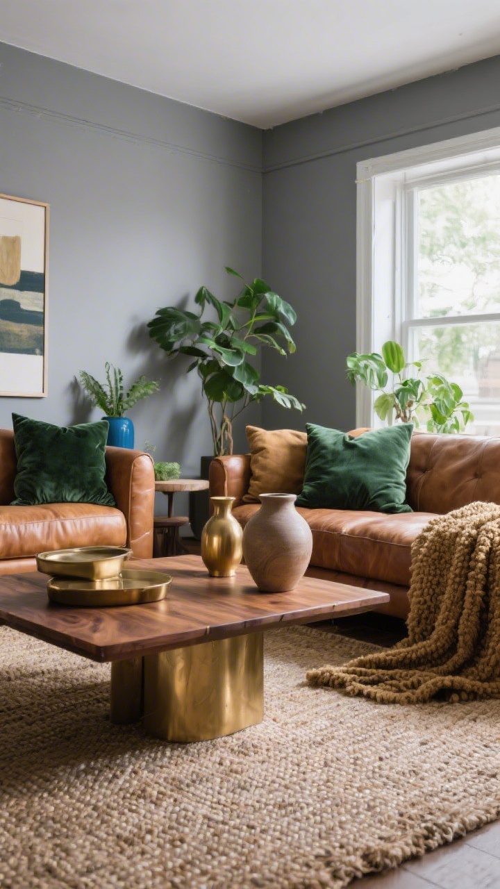 Wide shot: A formerly gray living room revived with a layered palette—main color: soft gray walls; supporting color: warm camel leather; accents: forest green, brass, and indigo. Contrast via warm wood coffee table and brass accents. Rich textures: nubby boucle throw, velvety pillows, raw wood, smooth ceramic vases. Lush plants add life on a jute rug. Daylight highlighting texture depth and color repetition across the space.