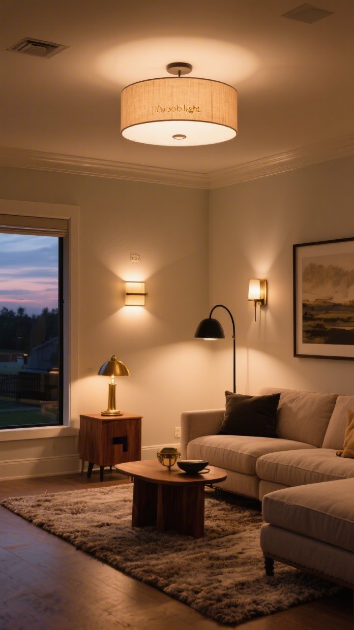 Wide shot: A living room at dusk with layered lighting—ambient semi-flush drum ceiling fixture replacing a builder-grade “boob light,” two task lights (a brass table lamp on a wood side table and a black arc floor lamp), and accent lighting via wall sconces and a picture light over art. Warm 2700–3000K bulbs, dimmers set to a cozy glow. Aim for five visible light sources, textures (linen sofa, nubby rug) reading rich under the warm light.