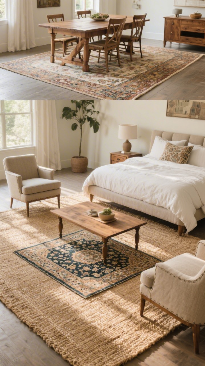 Wide shot: A living room with an 8x10 natural jute rug layered under a smaller vintage Persian-style rug, front legs of a fabric sofa and two accent chairs resting on the rug, a wood coffee table centered, warm afternoon light. Include a larger 9x12 option visual in the background dining area where the dining rug extends 24 inches beyond a wood table with pulled-out chairs that still sit fully on the rug. In a bedroom glimpse, show an 8x10 rug under the bottom two-thirds of a queen bed with nightstands on the rug. Emphasize scale, anchoring, and the texture contrast between woven jute/sisal and patterned vintage pile.