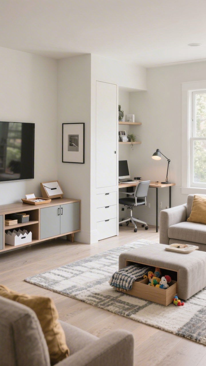 Wide shot: A multifunctional living room clearly zoned—mail station on a console with a tray and letter sorter, a closed cabinet and a storage ottoman for toys/blankets that tuck away cleanly, and a compact office nook defined by a slim desk and task lamp; subtle area rug and furniture placement create micro-areas with clear boundaries; daylight, clutter-free, photorealistic.