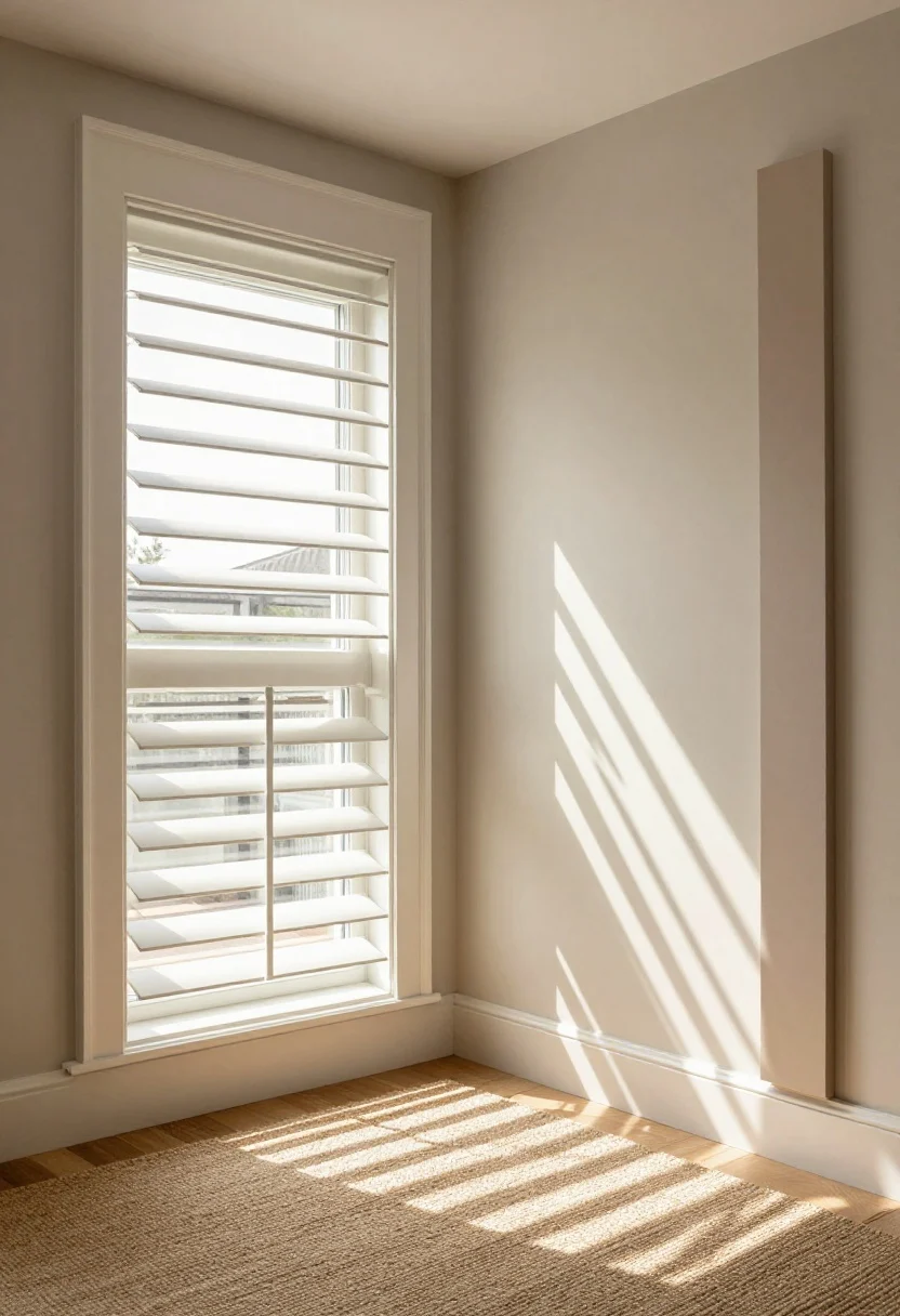 5–3 inches) on adjacent windows; louvers angled to cast dramatic sun stripes across a jute rug; optional sheer side panels adding softness; warm taupe accent on one shutter set for subtle depth; clean architectural lines, bright afternoon light, photographed from a corner to show louver control