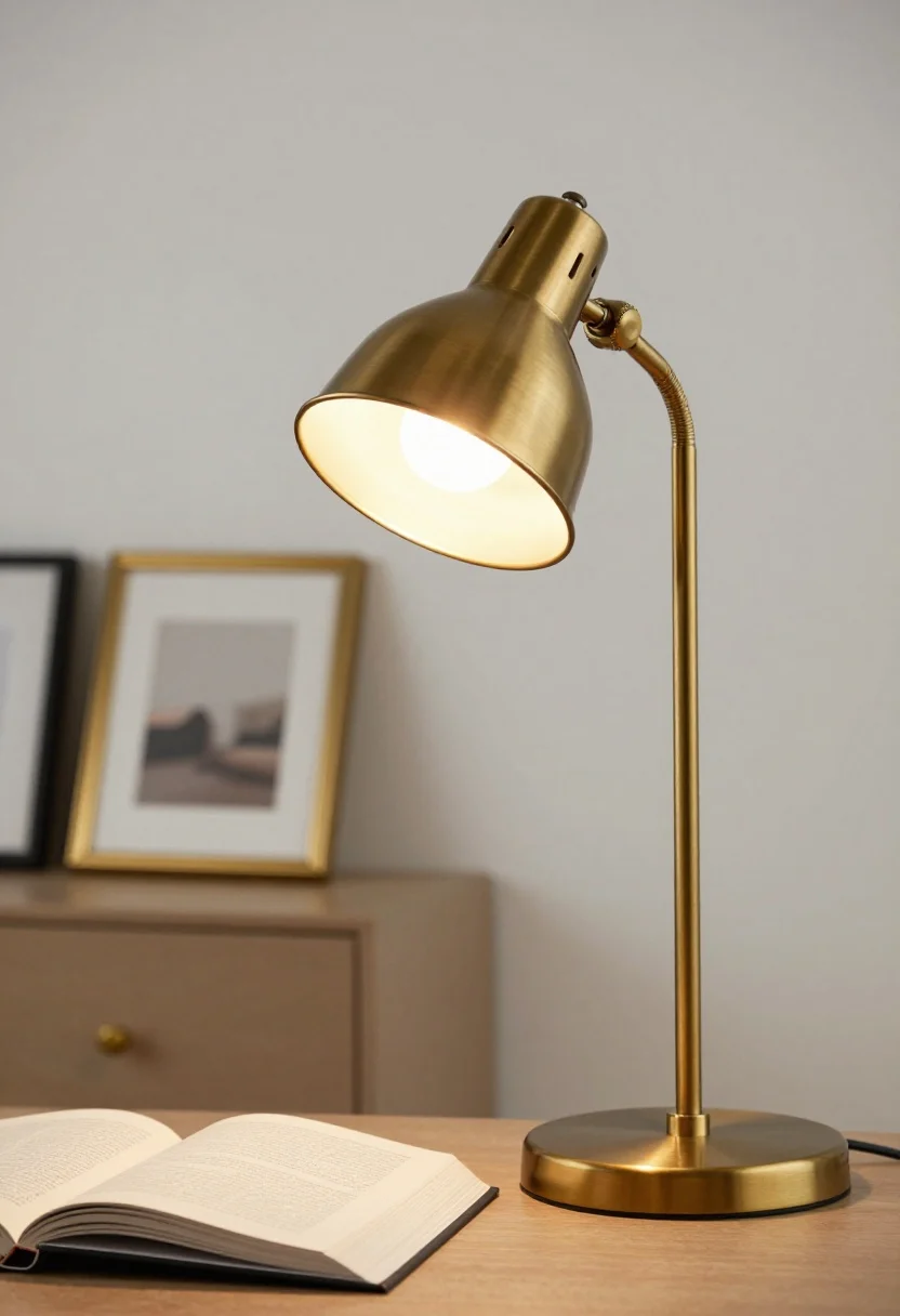 A closeup detail of a chic pharmacy/task floor lamp beside a reading chair: tilting metal head and adjustable stem in warm brass with a subtle brushed finish, swing-arm extended to place light slightly behind and to the side of the chair. The bulb casts a crisp 3000–3500K task light onto an open book without glare on nearby screens, coordinated brass picture frame and cabinet pull in the background. Tight composition highlighting joints, knurled knobs, and directional head, photorealistic textures and focused glow.
