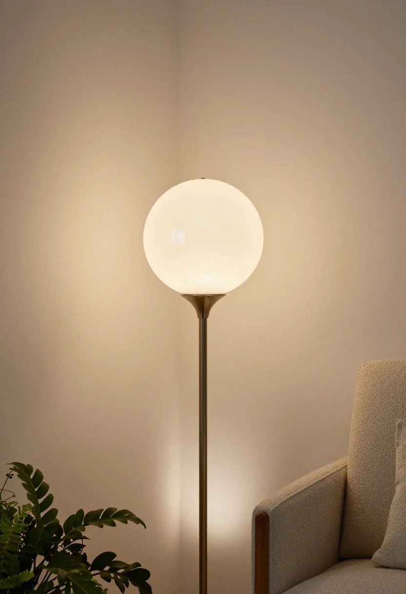 A cozy medium shot of a globe floor lamp with an opal glass shade emitting a soft, even wash of light that flatters fabrics and skin tones, placed beside a boucle chair and clustered with leafy plants to layer softness. Include dimmable LED glow with high CRI (90+) that makes nearby textiles and wood tones look rich; avoid clear glass glare. Gentle ambient evening scene, subtle reflections on the opal globe, corner angle composition for warmth, photorealistic.