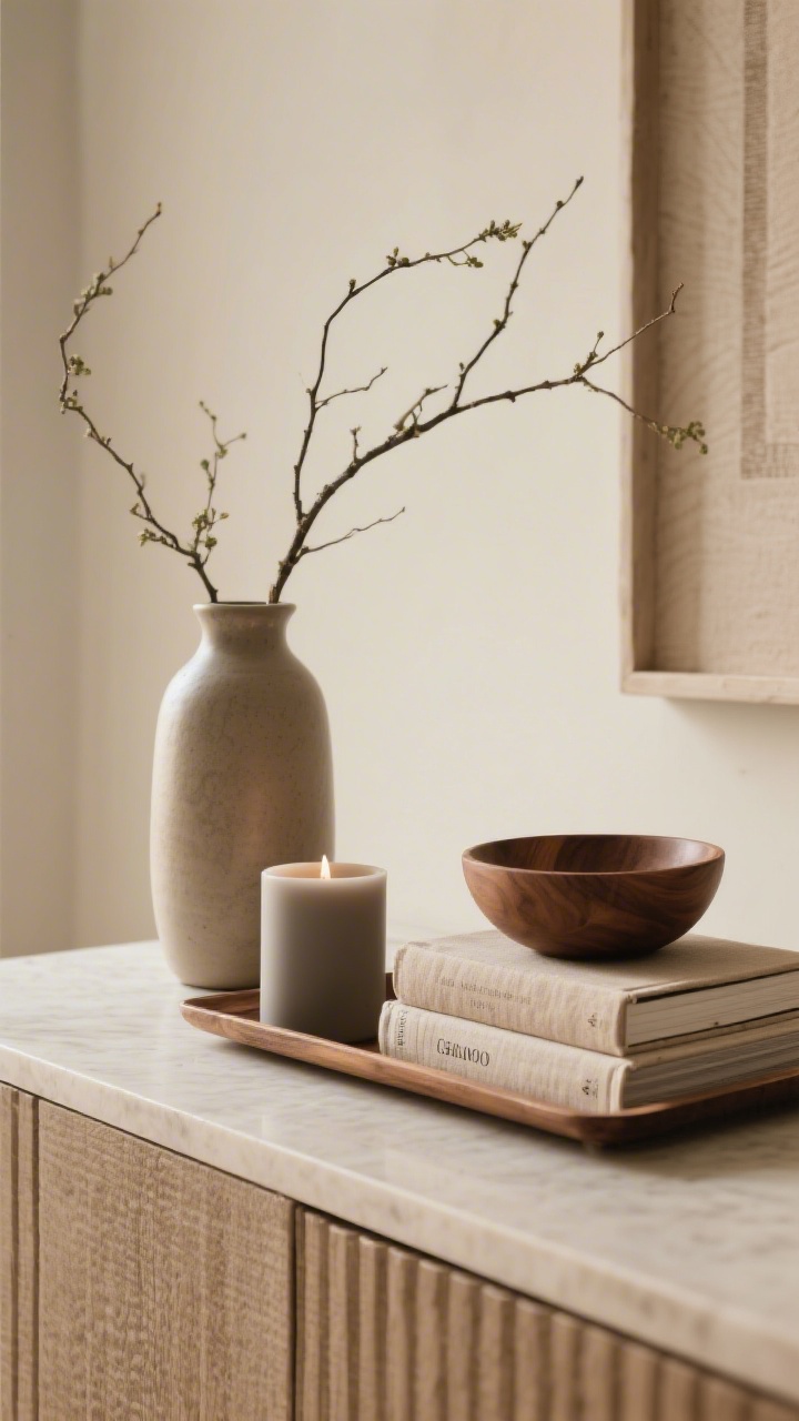 A detail closeup of a styled console surface following the rule of three: a tall ceramic vase with fresh branches, a medium matte candle, and a low wood bowl, all corralled on a tray. Include a small stack of linen-spined coffee table books (dust jackets removed), with one object elevated on the stack. Mixed textures—ceramic, wood, matte finish—captured in soft, warm lighting with shallow depth of field for an elevated, boutique vignette.