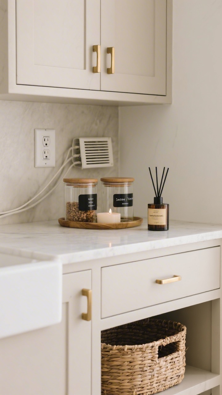 A detail closeup of quiet-luxury upgrades on a neutral cabinet: matte brass hardware on drawers, a clean modern white switch plate and a discreet vent cover nearby, cords hidden with a tidy cover. On the counter, matching decanted containers (glass with black labels) for soaps or pantry items, plus a woven basket tucked below for concealed storage. A subtle candle or diffuser (sandalwood/vetiver/fig) sits beside them. Clean, uncluttered, softly lit.