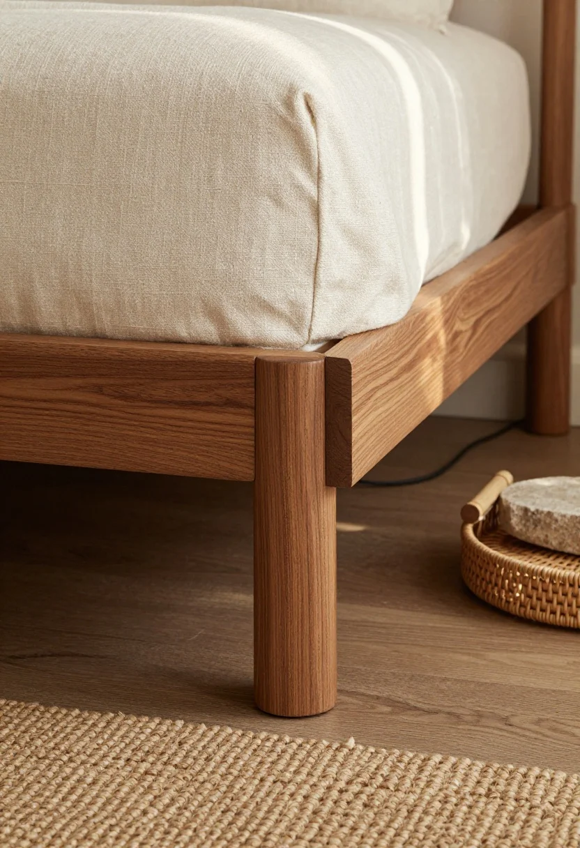A detailed closeup of a wood-and-linen floor lamp showcasing cozy texture: a walnut or oak base with visible grain paired with a creamy linen cone or drum shade. Style with a jute rug edge entering frame, a rattan tray on a low table, and stone accents for organic calm. If the floor is dark, use a lighter oak base to keep the corner airy. Warm ambient 2700–3000K light feathering across the linen weave and wood grain, overhead-leaning perspective to emphasize tactile materials, photorealistic.