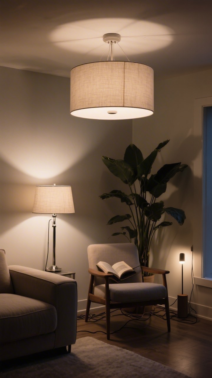 A medium shot of a living room corner at dusk showcasing layered lighting: a chic semi-flush drum shade overhead on a dimmer, a slim metal task lamp with a linen shade beside a reading chair, and a tiny uplight hidden behind a tall plant casting dramatic shadows. Warm white 2700–3000K, high-CRI glow enhances rich colors; cords are tidy. Emphasize the warm ambiance turning simple, budget pieces into a designer-looking vignette, photographed straight-on with moody, cozy illumination.