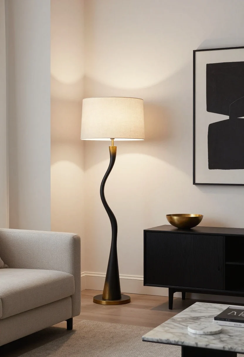 A medium shot of a minimalist living room corner featuring a sculptural statement floor lamp with an abstract, curved matte black metal base accented with brushed brass and a linen shade; placed beside a simple low-profile neutral sofa and a minimalist media console. Echo finishes with a small brass bowl on the console, a black-framed abstract print on the wall, and marble coasters on a slim side table. Warm white 2700–3000K illumination casting soft shadows, photorealistic textures of metal, linen, and marble, straight-on perspective, no people.
