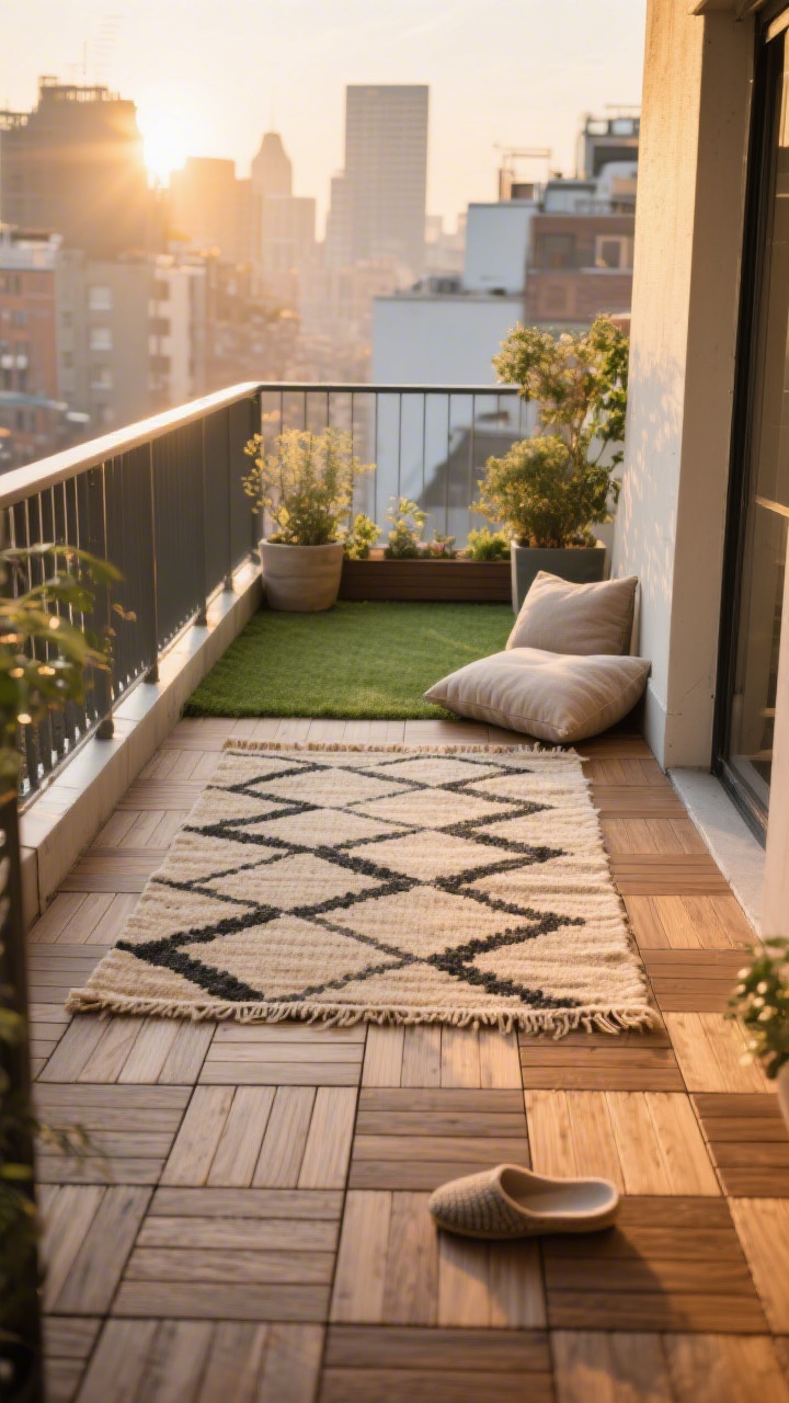 A medium shot of a small urban balcony floor makeover at golden hour, showcasing warm-toned interlocking wood-look deck tiles with a layered flatweave outdoor rug in a subtle geometric pattern (sand, charcoal), plus a small patch of lush artificial turf bordered by planters; soft natural light highlighting cushy textures, no furniture, just a few floor cushions off-frame edge to imply “kick off your shoes,” focus on toe-pleasing surfaces, photorealistic, straight-on balcony angle