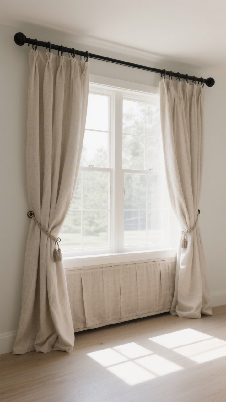A medium shot of a sunlit window wall with linen-look curtain panels hung high and wide: rod mounted just under the ceiling and extended 10 inches past the frame, panels “kissing” the floor with slight break, doubled-up for fullness on each side using clip rings for elegant drape. Add a simple matte black rod and finials; a neutral roman shade layered beneath. Shot from a slight corner angle to show height and width, bright natural light streaming in.