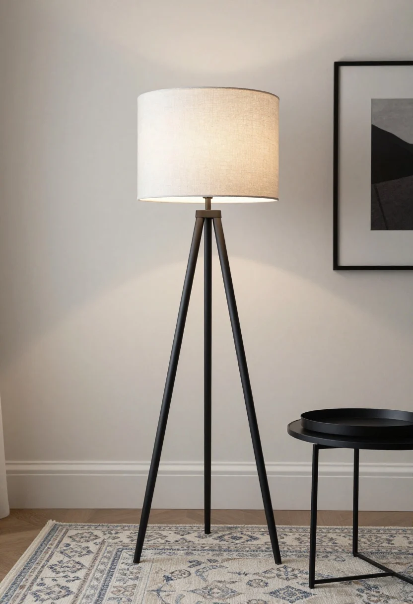 A medium shot of a tripod floor lamp adding quiet drama in a living room with a patterned rug and a gallery-style art wall. Choose a black metal tripod base with a linen drum shade for a modern edge, positioned next to a round side table that mirrors the three-legged geometry with a circular tray on top. Diffused lamp glow through parchment-like linen, crisp details of metal legs and fabric weave, straight-on composition that feels clean and classic, photorealistic.