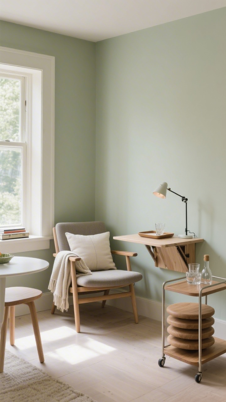 A medium straight-on scene of a multitasking nook set as a reading retreat that flips to mini bistro: a comfy slim-profile lounge chair with a throw and lumbar pillow beside a compact side table; a foldable drop-leaf wall-mounted table stowed partway, stackable stools nested beneath; a clip-on reading light on the chair, a small tray with glassware on a slim bar cart; palette of muted sage, cream, and natural wood; morning light streaming in