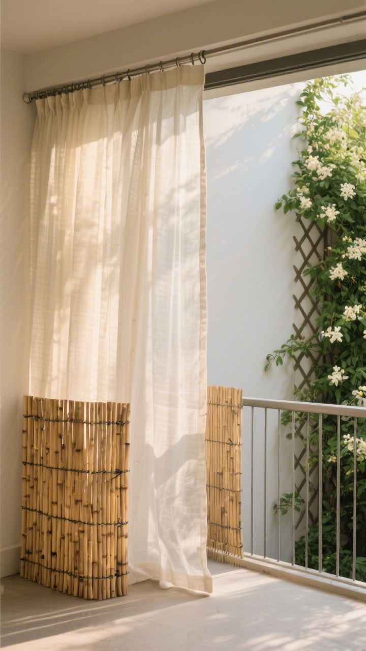 A straight-on medium shot focusing on privacy solutions: sheer outdoor curtains glowing in late-afternoon light on a tension rod, layered with bamboo reed panels zip-tied to the railing; a slim trellis at one side starting a green screen of climbing jasmine; textures emphasized—linen-like sheers and ribbed bamboo—creating seclusion without darkness; soft breezes implied by slight curtain movement; calm, spa-like mood