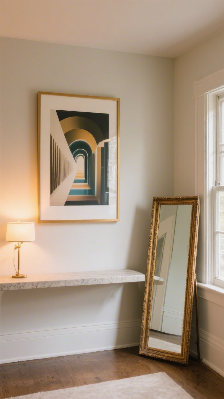 A straight-on medium shot of a statement wall: one large-scale framed digital art print centered above a console, illuminated by a warm picture light. To the side, a leaning floor mirror with a simple, chunky frame reflects a window, bouncing light into the room. Include a thrifted frame painted antique gold with an oversized mat on a nearby ledge. Warm, inviting lighting with crisp symmetry and polished scale.