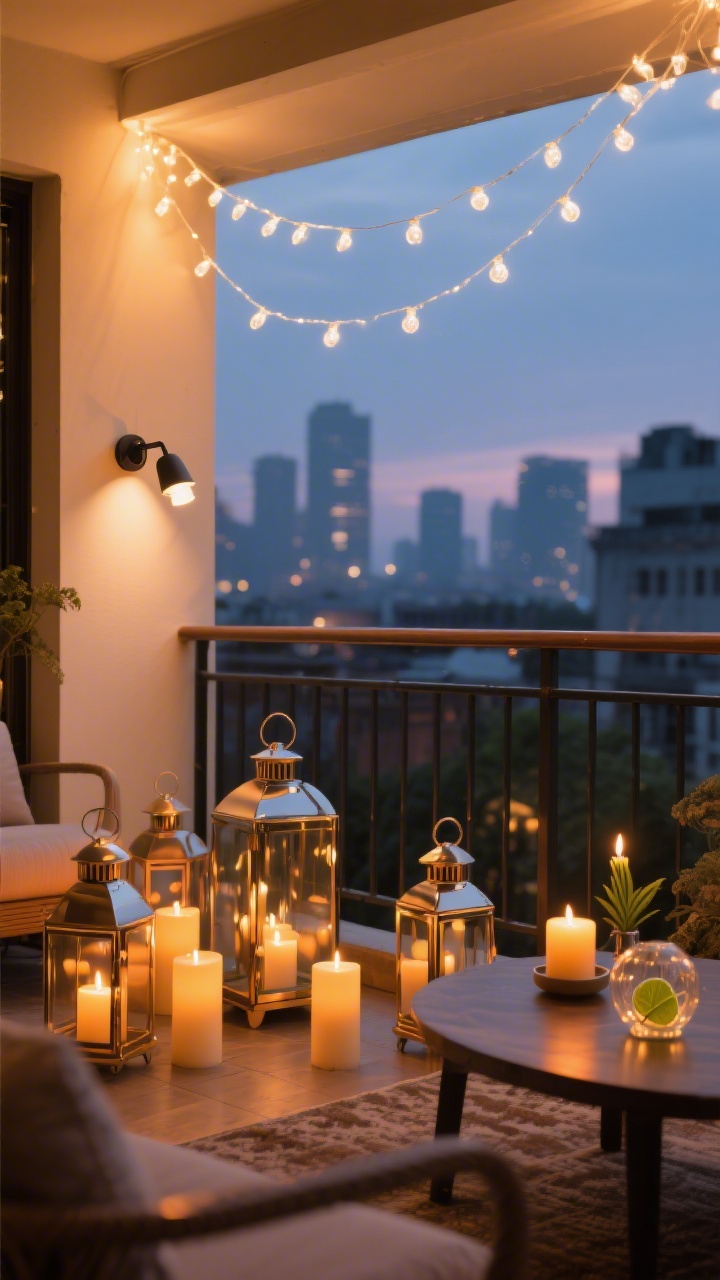 A twilight wide shot styled like a boutique hotel: warm white string lights draped overhead and along the railing, mixed lanterns on the floor and table with LED candles at varying heights plus one real citronella candle for a subtle flame; a rechargeable clip-on sconce aimed downward for soft task glow; cozy amber color temperature that feels romantic, reflective metal and glass accents gently catching light, city backdrop softly blurred