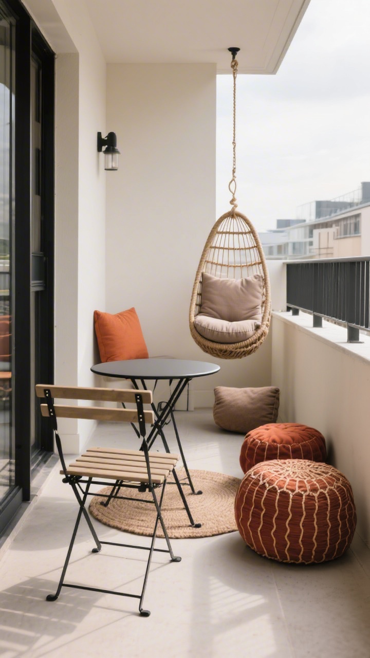 A wide corner-angle view of a compact balcony arranged with layered slim seating: a foldable black metal bistro set with rounded-edge wooden seats, a pair of textured floor cushions in earthy taupe and rust, and a woven pouf; a medium-firm cushion on the bistro chair for support; a permitted single rope-hung egg chair tucked to one side for a “retreat” vibe; neutral palette with soft creams, terracotta, and charcoal; bright overcast daylight for gentle shadows; floor space kept open for flow