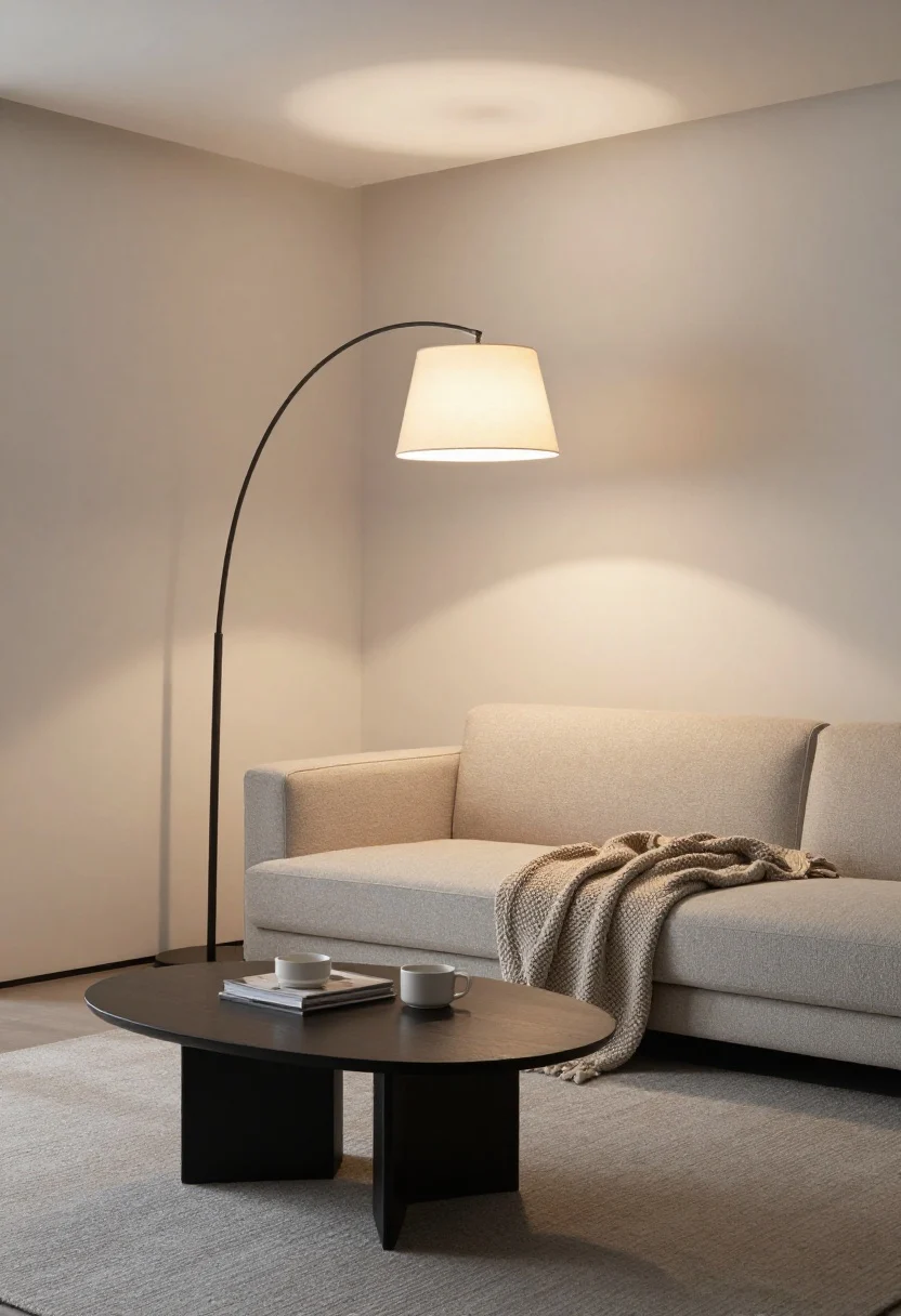 A wide room shot showing a slim arc floor lamp gracefully curving over a coffee table from behind the corner of a sofa, delivering an overhead glow without ceiling wiring. The lamp has a counterweighted base tucked near the sofa back, an adjustable arm, and a fabric shade whose bottom sits slightly above seated eye level. Balance the visual weight with a chunky knitted throw on the sofa and a textured rug under the coffee table. Soft evening lighting emphasizing the arc’s line like instant architecture, captured from a corner angle to make the small room feel bigger, photorealistic.