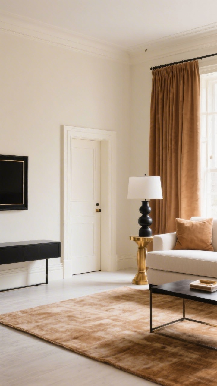 A wide shot of a cohesive living room demonstrating a 60/30/10 palette: walls color-drenched in warm ivory satin/eggshell, camel-toned curtains and rug as the 30%, and matte black accents (frames, lamp base) for the 10%. Trim and doors painted the same shade as the walls for a boutique-hotel feel. Subtle sheen reflects light softly; add a brass detail on a side table. Natural daylight, straight-on view, polished and intentional—no random beige.