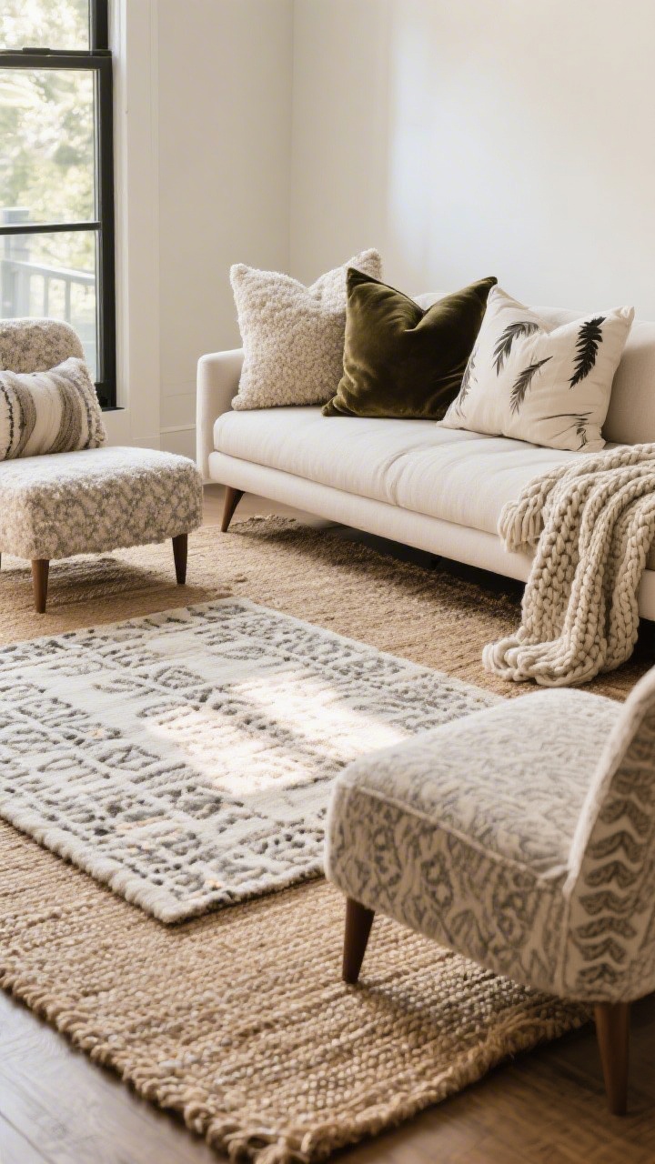 A wide shot of a living room anchored by layered textiles: an oversized natural jute rug base with a smaller patterned low-to-medium pile rug centered on top; sofa and chairs’ front legs resting on the rug. A mix of pillows—bouclé, velvet, and linen—with feather/down alternative inserts “karate-chopped,” and a casually draped chunky knit throw over the sofa arm. Daylight enhances texture depth; neutral, tailored look with subtle patterns.