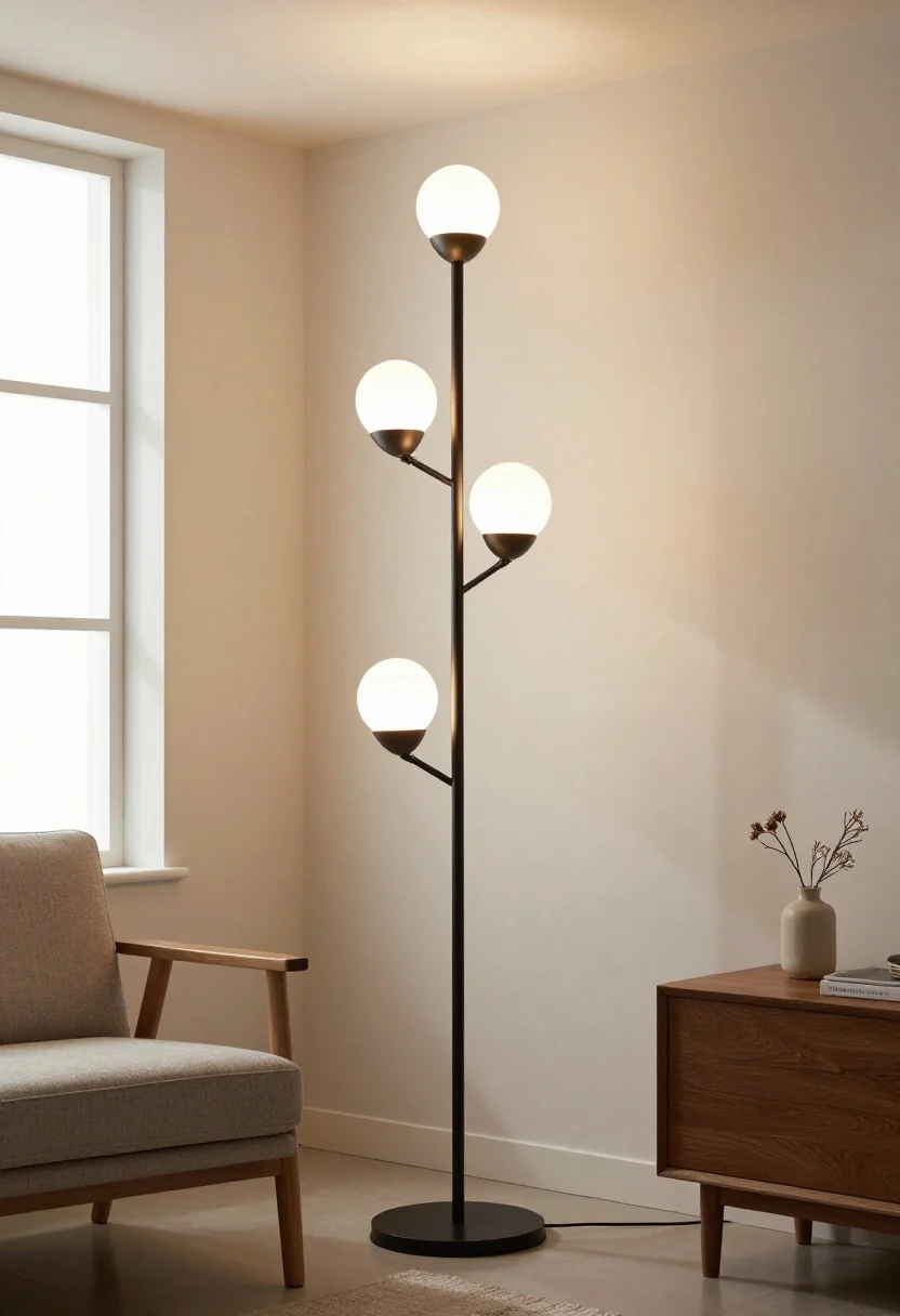A wide shot of a multi-light “tree” floor lamp with three adjustable heads layering light like a designer: one head angled up to bounce light off the ceiling, one directed down onto a reading chair and side table, and one aimed across a wall to soften shadows. Mix bulb brightness levels (brighter for task, softer for ambient) with visible inline dimmers. Use the lamp to balance a room with a single window by brightening the opposite side. Photorealistic evening ambiance, directional beams visible on surfaces, straight-on view capturing the layered lighting effect without people.