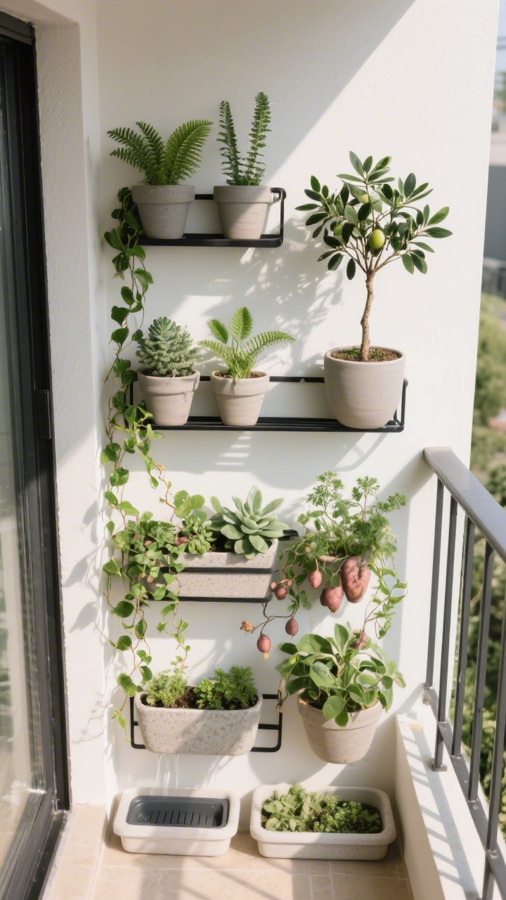 An overhead detail shot of vertical greenery on a tiny balcony: sleek wall-mounted racks with staggered lightweight pots (succulents, ferns), black metal rail planters brimming with trailing ivy and sweet potato vine alongside herbs, and one statement pot with a compact olive tree; sun-kissed highlights suggest a south/west exposure; matte ceramic and fiberstone textures; tidy drip trays and self-watering planters visible for practicality
