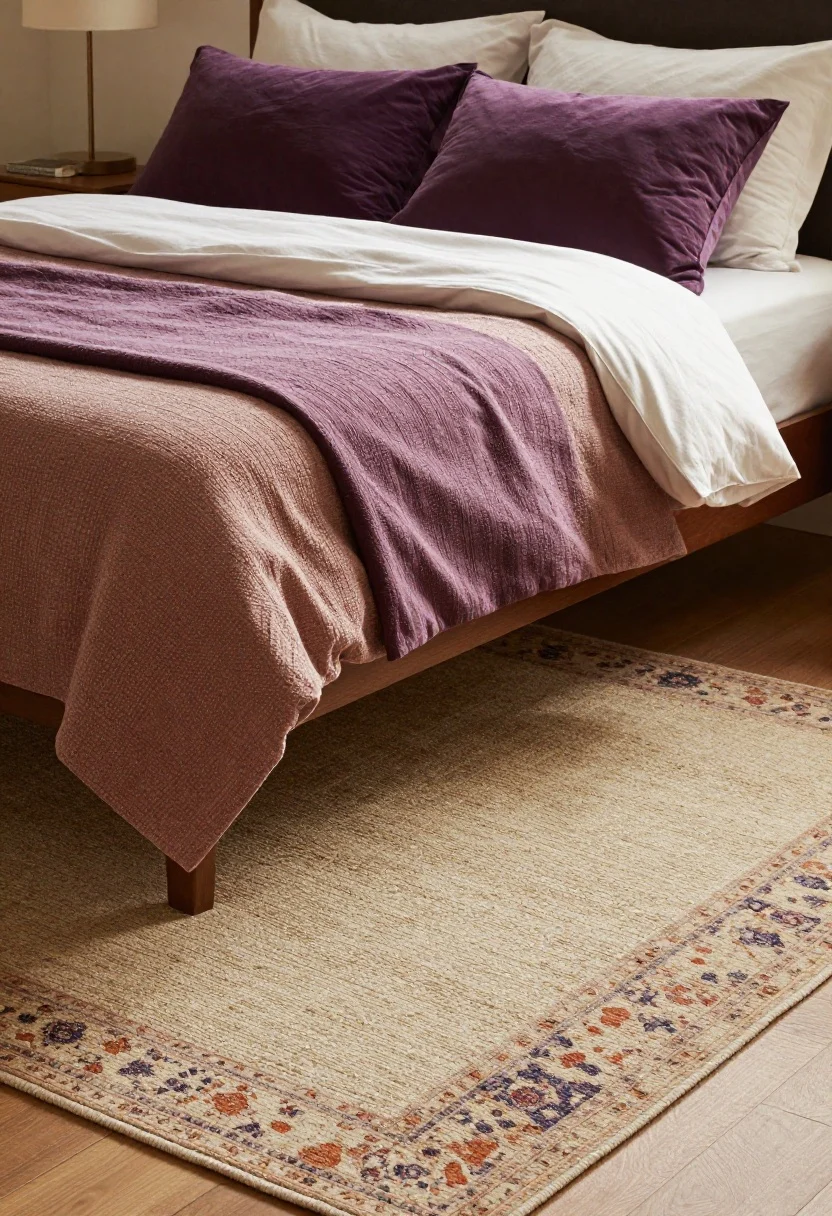 Angled wide shot of a bedroom grounded by an earthy rug: a warm wool rug in beige/oat tones under the bed with at least the front legs of the bed and nightstands on it. Optionally, a vintage rug with timeworn rust and plum accents in a restrained palette (two or three colors). Low- to medium-pile texture visible. Purple appears in bedding or pillows. Warm afternoon light for softness, photorealistic.