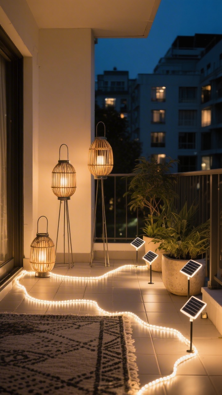 Atmospheric wide shot of nighttime balcony floor lighting: warm-white rope lights tucked under rug edges and along tile borders to create a soft perimeter glow. Cluster three metal and bamboo lanterns of varying heights in an odd-number grouping for a designer look. Place solar stake lights in planters casting patterned shadows across the floor. Use battery/USB-rechargeable units visible subtly to suggest apartment-friendly setup. Avoid harsh white light; emphasize warm, magical ambiance; no people.