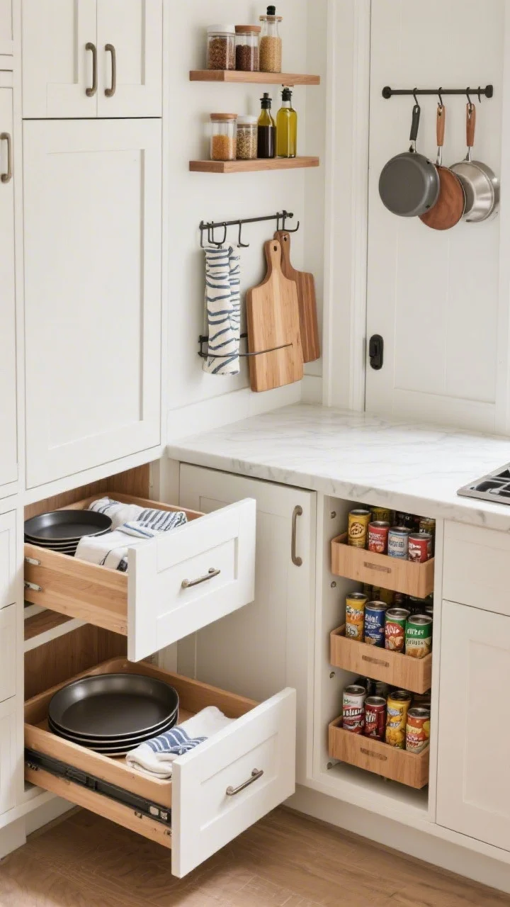 Closeup detail montage-style angle focusing on hidden storage: a toe-kick drawer partially open showing flat pans and linens; a cabinet end panel with shallow shelves holding spices and oils; a back-of-door rack storing wraps, cutting boards, and pot lids; and a narrow 12–15 inch pull-out pantry with neatly arranged cans and snacks. Include snug, custom-fit drawer organizers. Neutral cabinetry in soft white, warm wood accents, clean, photorealistic.