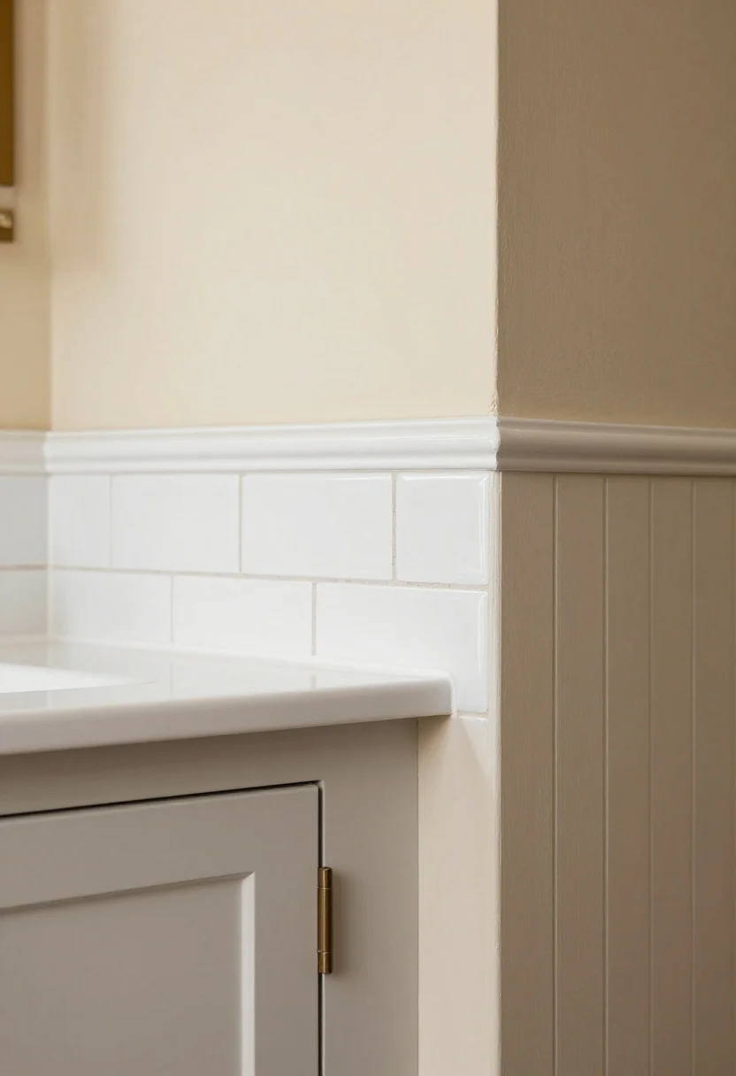 Closeup detail of a quarter-round trim softly capping the edge of a classic white tile backsplash where it meets a painted wall in warm cream; cottage-inspired setting with shaker cabinet face in soft gray nearby, beadboard backdrop out of focus, and a gentle daylight glow echoing Parisian café charm.
